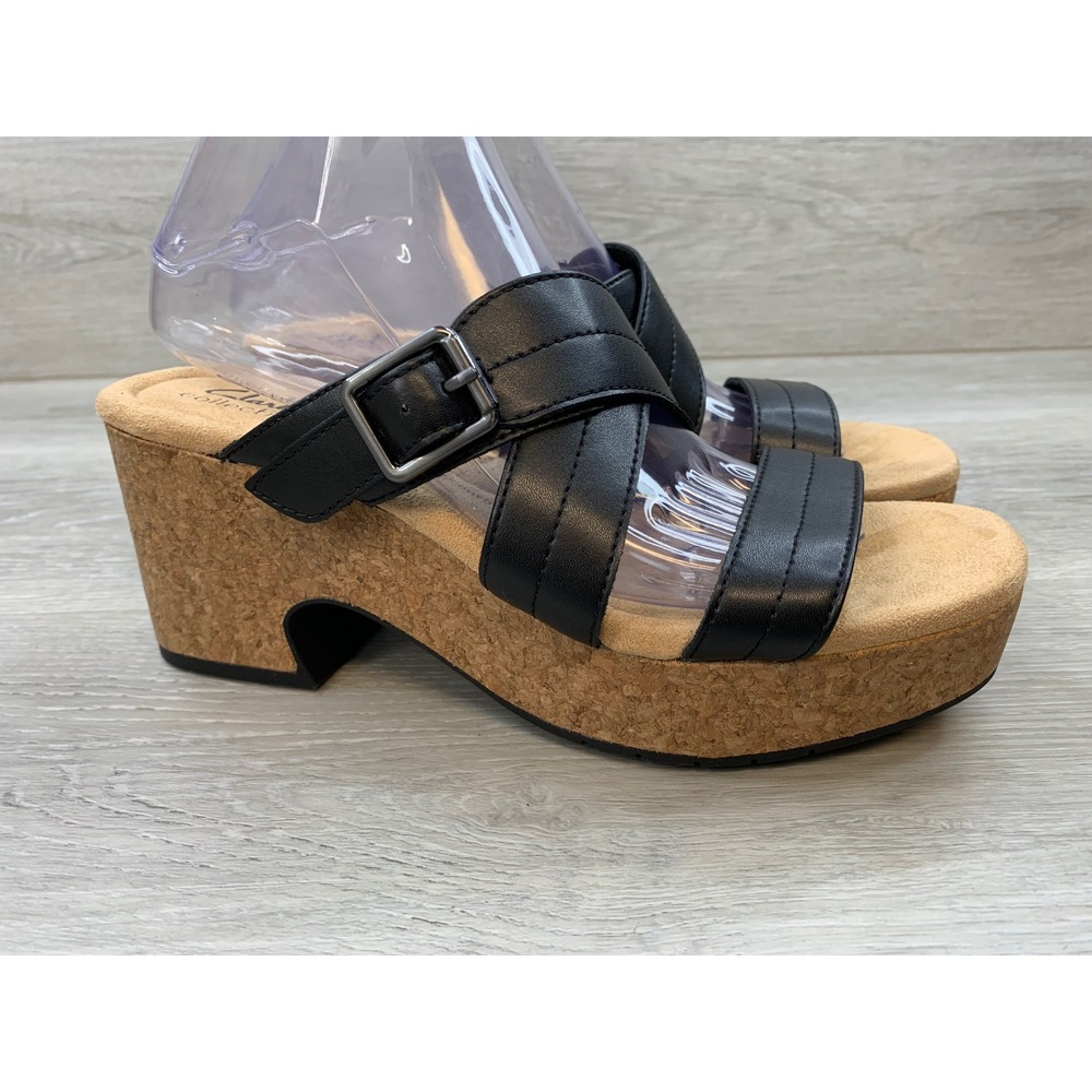 Clarks Black Leather Cork Platform Wedge Sandals Women's 8.5 Comfort Shoes